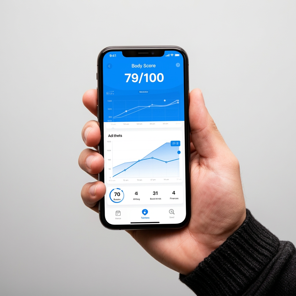 Hand holding phone with body score app